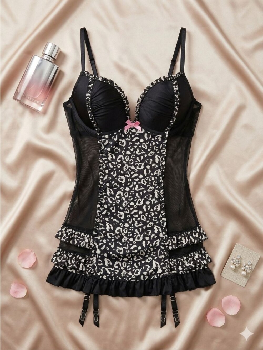 Victoria’s Secret Y2K Coquette Leopard Slip Dress 36B Pink Bow Ruffle Mesh Sexy